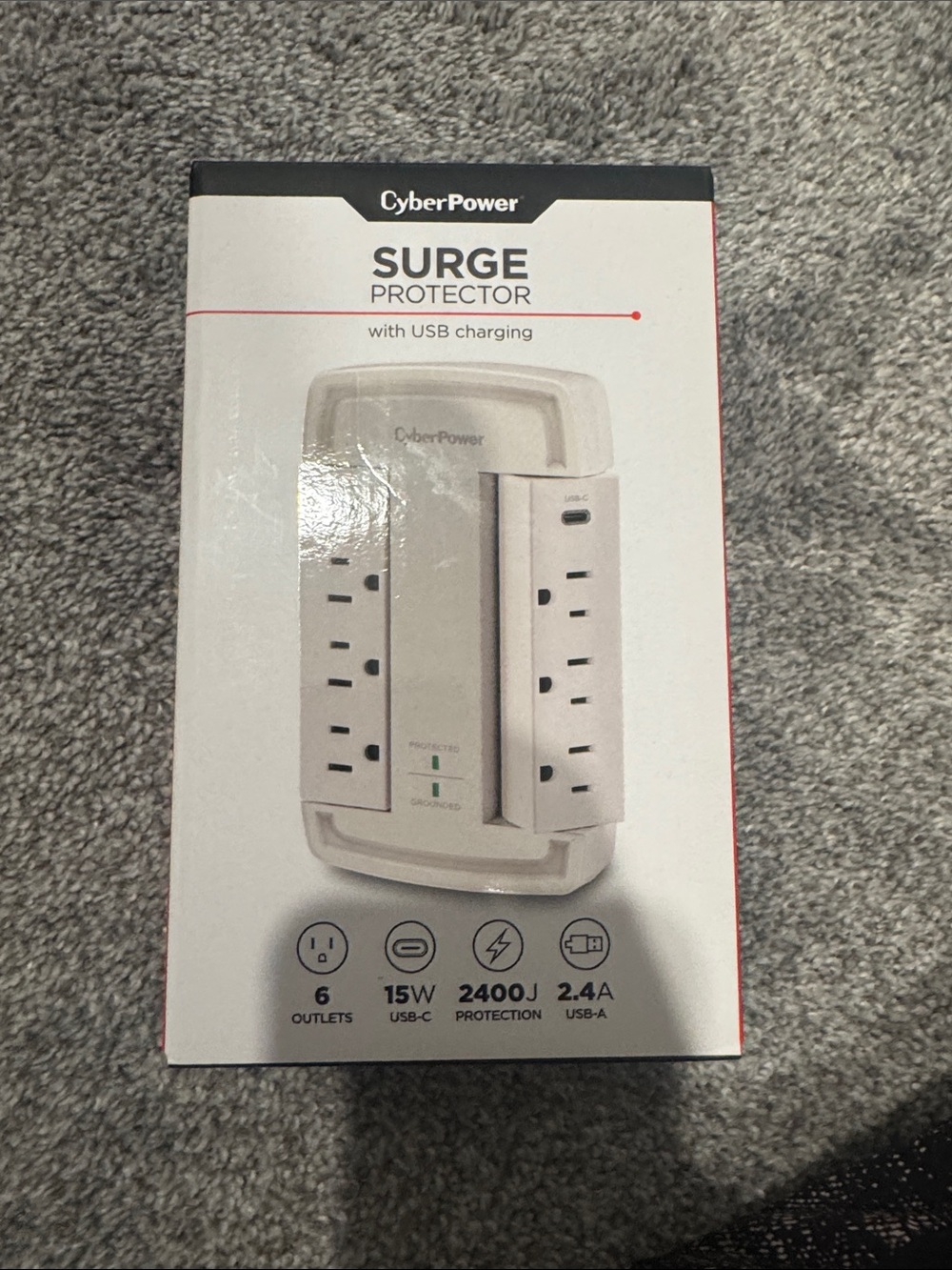 White Surge Protector with USB Charging and 6 Outlets